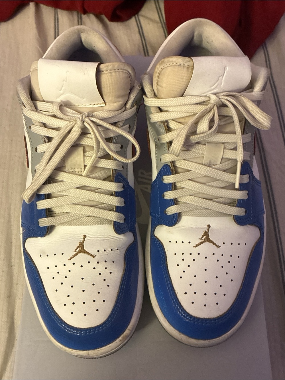 Jordan Low Top Sneakers in White and Blue with Gold Logo